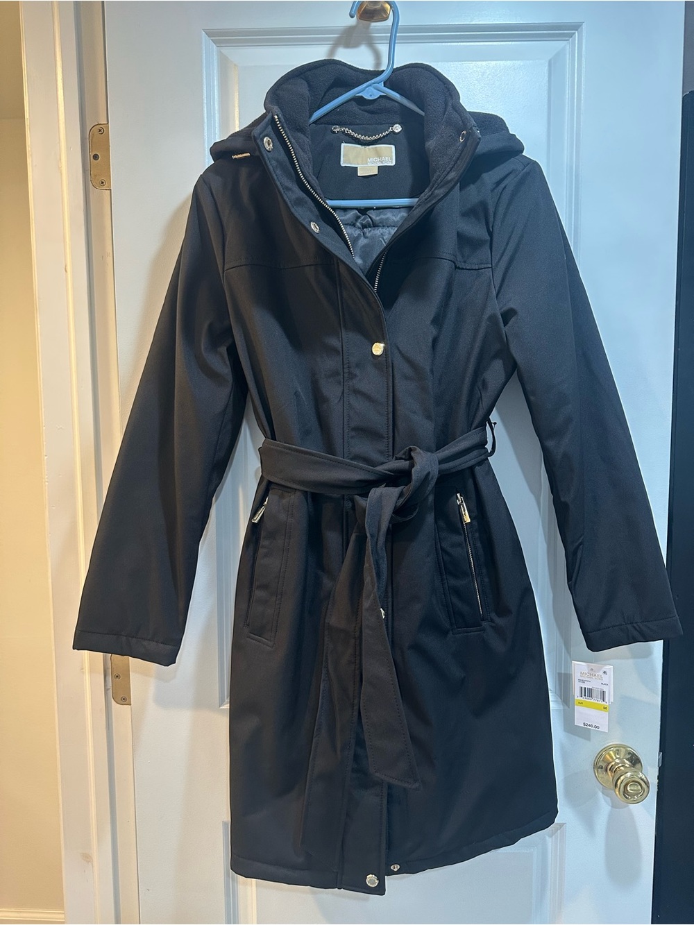 Michael Kors Black Hooded Belted Parka Trench Rain Coat